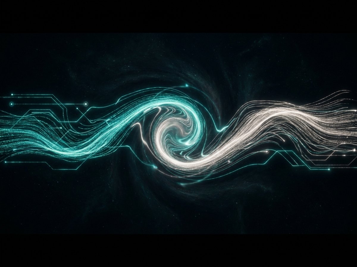 Abstract dual light streams representing human and AI agent collaboration in a shared system