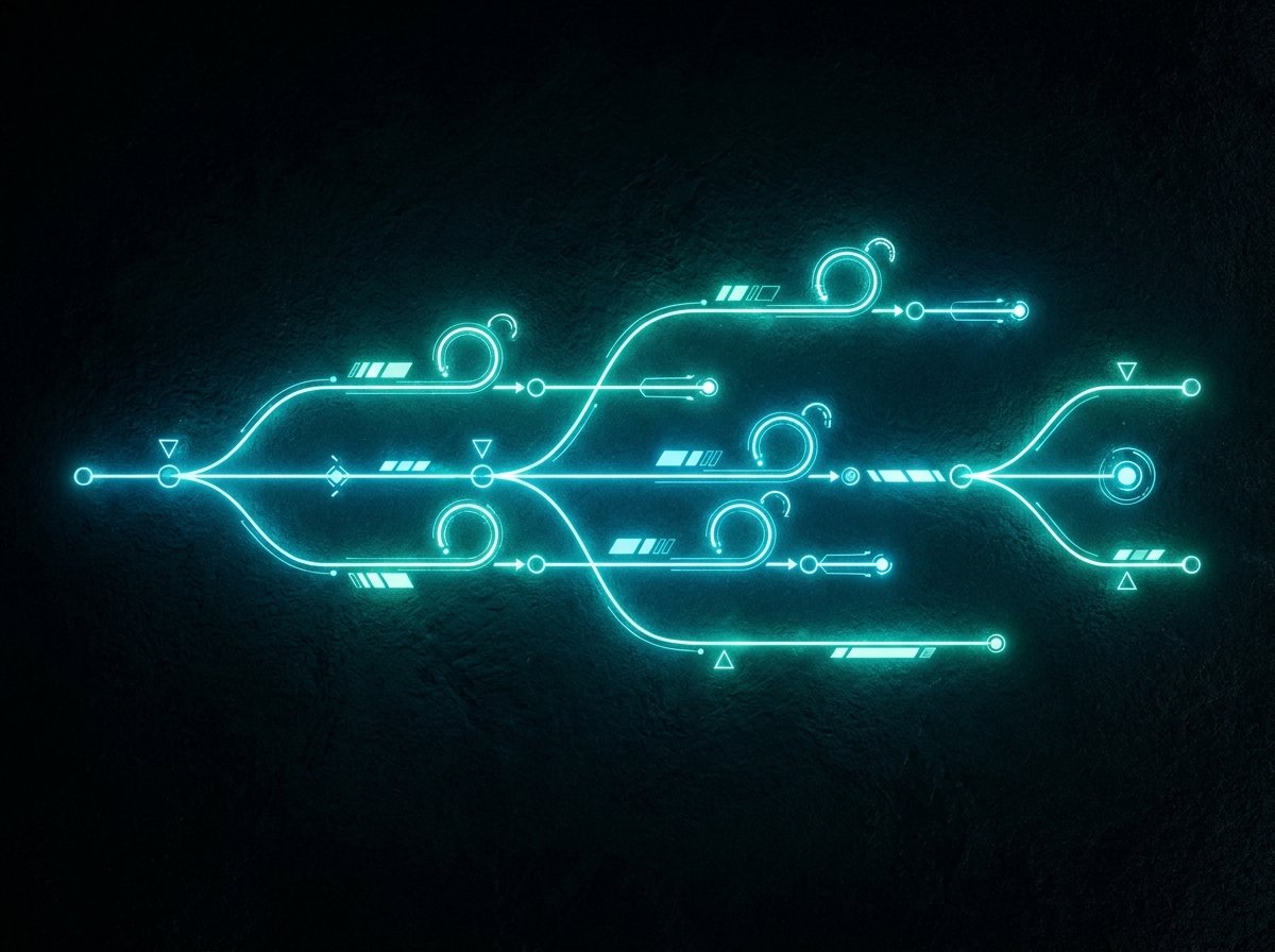Abstract glowing timeline tracks representing sprint cycles and product roadmap phases